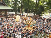 下北沢で例大祭－北澤八幡神社境内でみこしと観客が入り乱れ