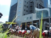 地元小学生が都会の真ん中で田植え体験－新梅田シティ「新・里山」で