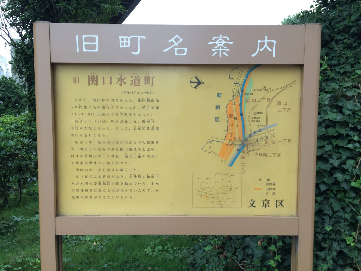 関口水道町の由来の看板