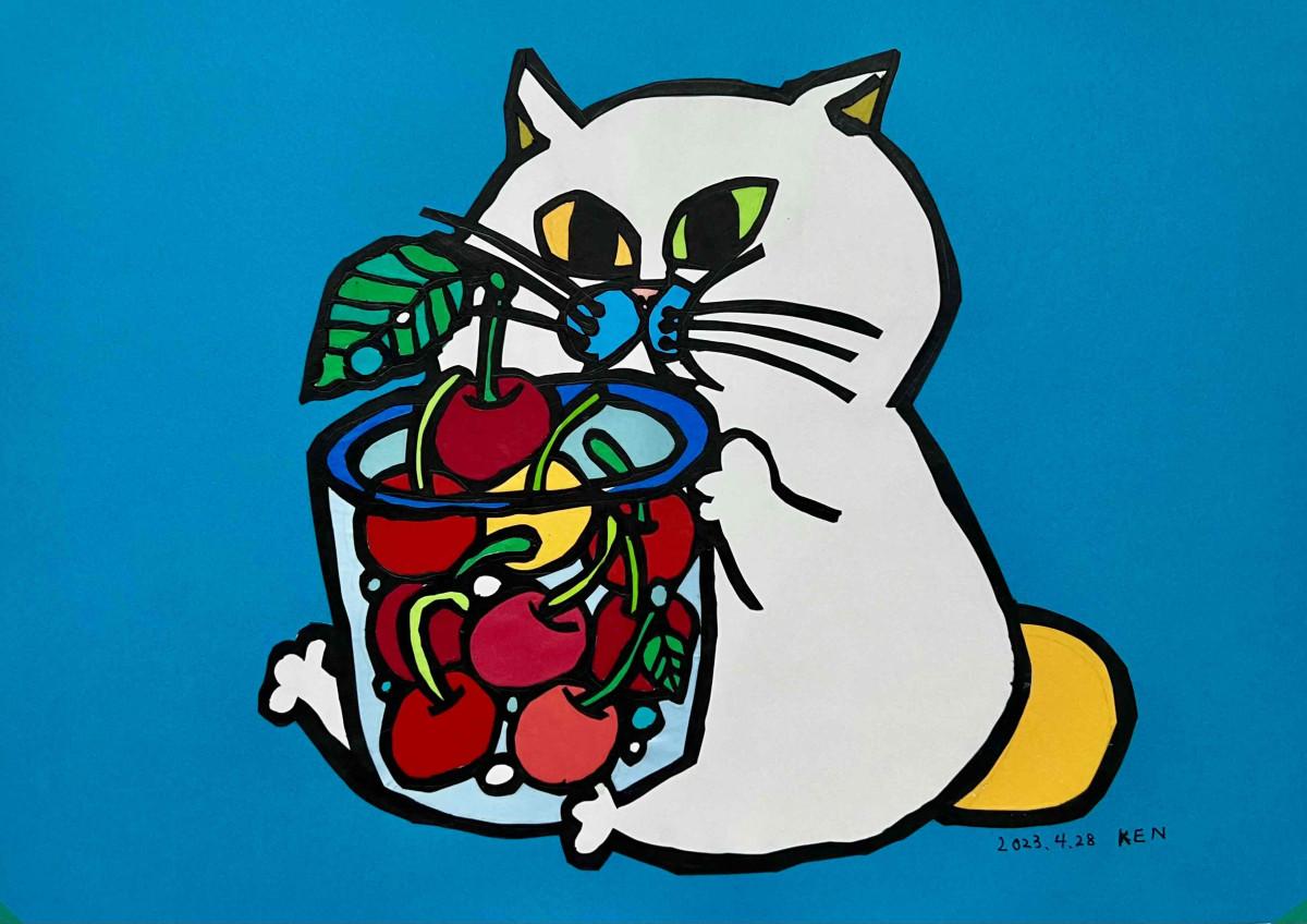 KENの切り絵作品「さくらんぼネコ」（写真提供＝直方谷尾美術館）