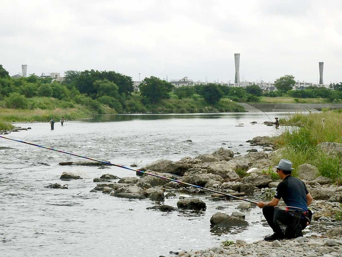 アユ釣りが解禁した多摩川、釣りの様子