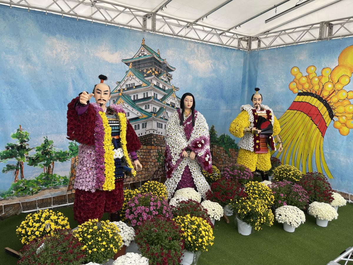 菊人形は大坂城を背景に豊臣秀長、秀吉、ねねを配置した