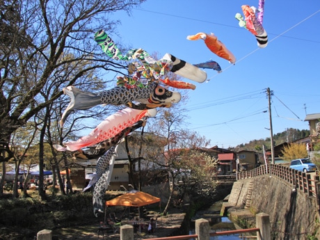 江名子川にはためくこいのぼり。ひもの両端には公園の木と銭湯の煙突