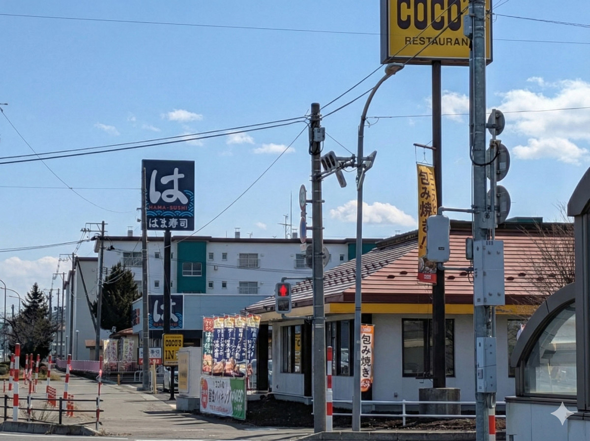 ゼンショー系列・ココス、はま寿司の店舗が並ぶ国道7号線・TSUTAYA弘前店向かい