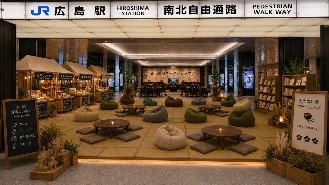 JR広島駅北口1階「エキキタプラザ」に設ける、畳やちゃぶ台を置いたくつろぎスペースのイメージ画像（提供＝JR西日本）