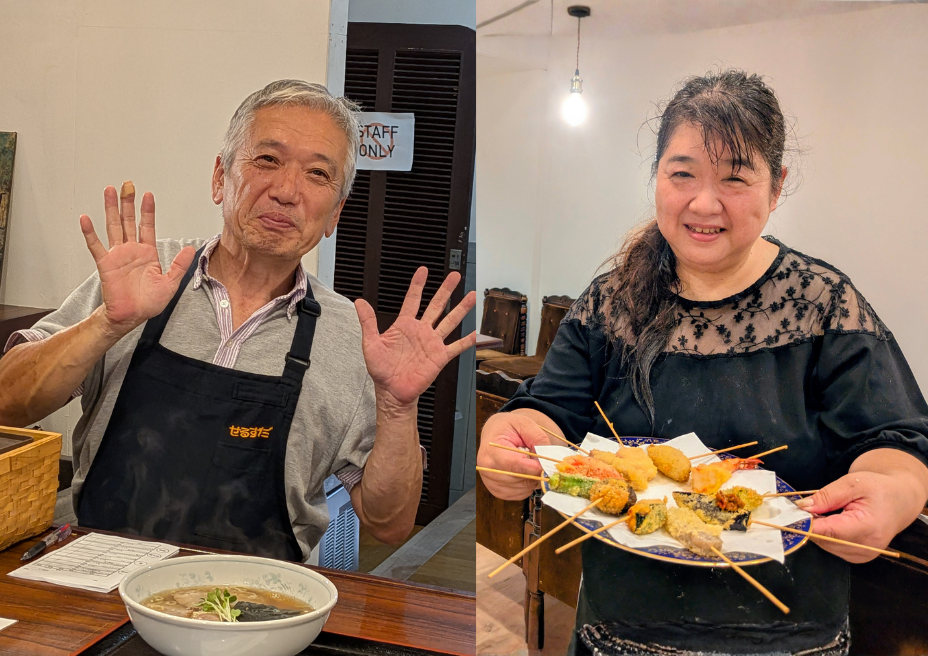 左は「せるすた秘密基地食堂」店主の丸山さん。右は「葡萄(ぶどう)」店主の内山さん。