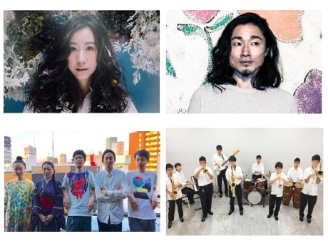 コトリンゴさん(左上)や、小池龍平さん(右上)、馬喰町バンド(左下)、正則学園高等学校ビッグバンド部EMP(右下)