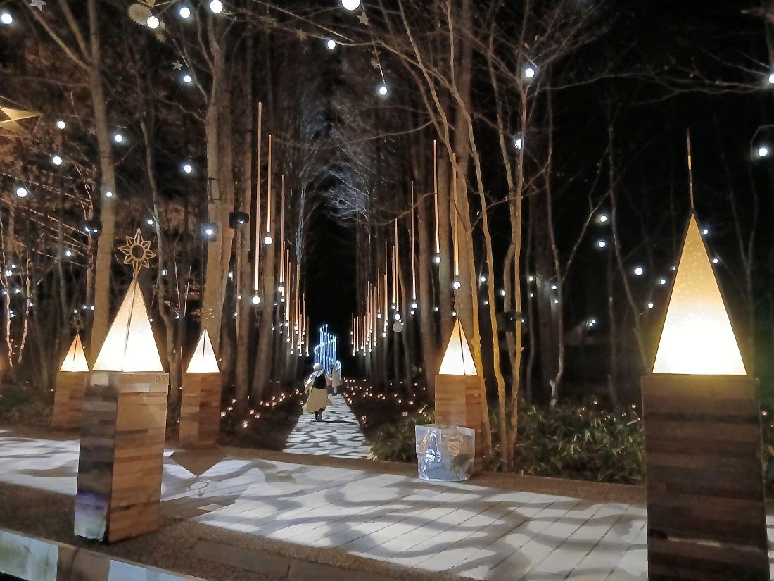 教会の森には、今年新たに、星に願いを込める「Wishing tree」が登場。いくつものガラス球がらせんを描きながら空に向かっているクリスマスツリーのオブジェ