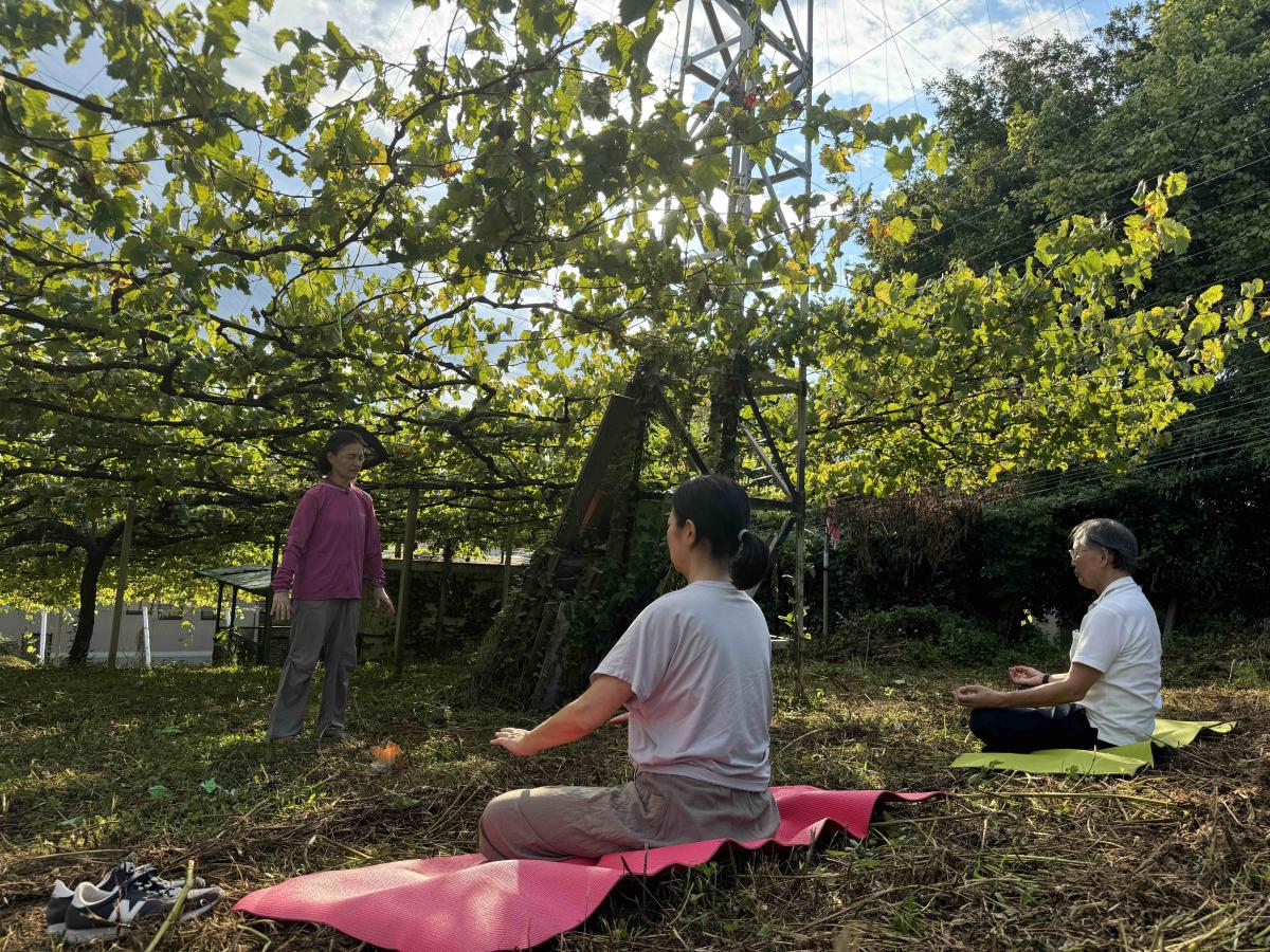 愛宕山のブドウ畑下でヨガをする様子。