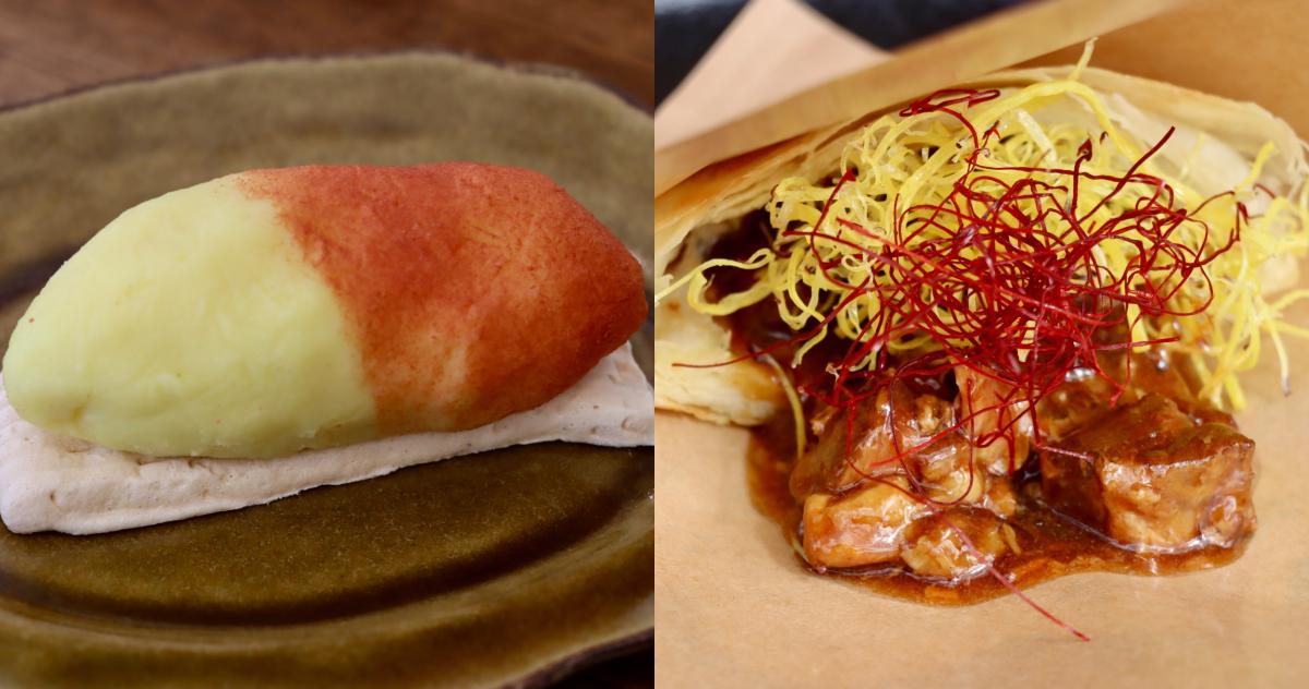 （左から）「パティスリー志粋」の「ほくっ！とろっ！玄米ブリュレ入りおいもンブラン」、「CHINESE DINING瑞～MIZUKI～」の「サクッと食感！！梅里豚ガリトロバーガー」