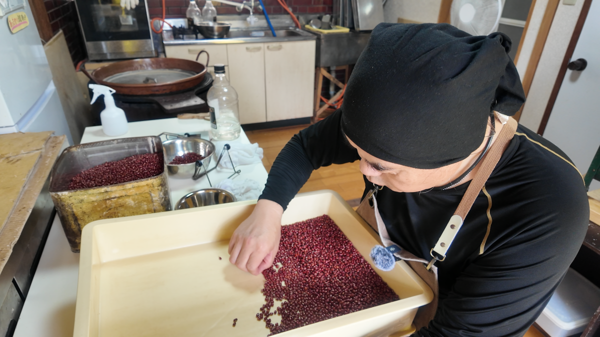 一粒一粒、豆を選別する