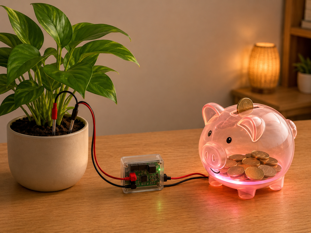 植物発電で光る貯金箱