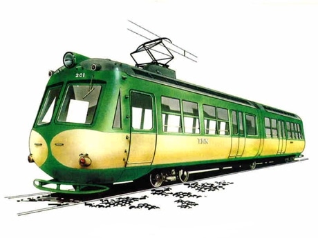 東急電鉄が「玉電」100周年記念列車を運行（写真＝車体に掲出される「デハ200形」昭和30年制のイラスト）