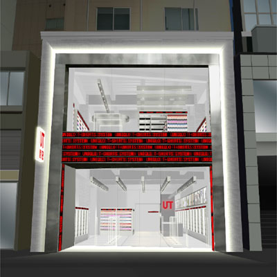 「UTストア原宿」の店舗イメージ。近未来調の店内にはコンビニ風の什器にボトルパッケージ入りのTシャツがずらりと並ぶ。iRIKAWA&Partners/Kubota Architects & Associates