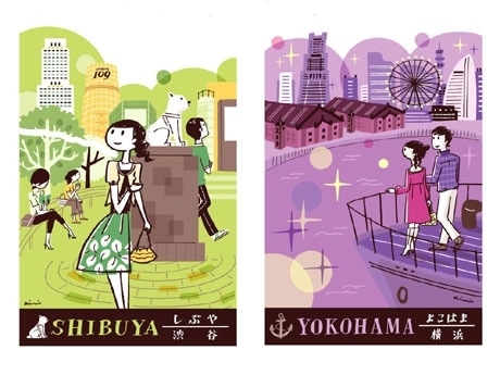 イラストレーター原あいみさんによるイラスト（左＝「渋谷」、右＝「横浜」）