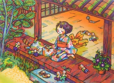 「朝顔の庭で」 木版　22.5×31.6センチメートル