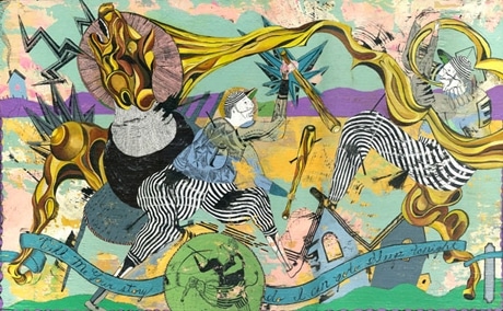「Tell me your story」（610×410mm Acrylic、Oil and ink on wood、2008）