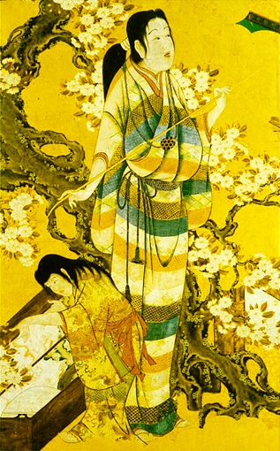 きせるを持つ女性の最も美しいとされる姿を表現した「桜下弾弦図屏風」（出光美術館蔵）の一部
