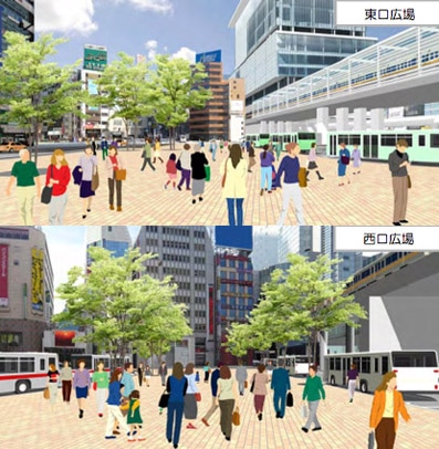 渋谷駅街区の都市計画で大幅に変わる東口・西口の各広場（写真上＝東口イメージ、下＝西口イメージ）
