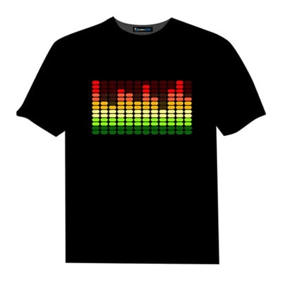 光るTシャツ（写真）は、内蔵したELパネルが音に反応してイコライザー風に光る仕組み