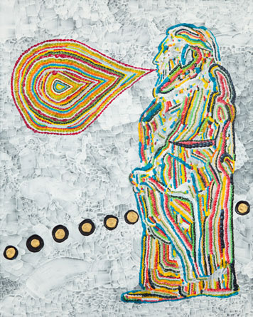小池一馬さん「吹く（Blow）」（2009年、アクリル、水彩絵具、綿布、木製パネル、1140×910ミリ）手作りのペーストをのせることでイメージを作り上げる