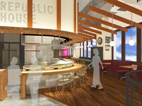 「コミュニティ ガーデン カフェ」「シェフズキッチンカウンター」など5つのゾーンで展開する「PUBLIC HOUSE CAFE & LOUNGE」の店内イメージ
