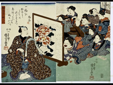 舞台ではないところまで女性に押しかけられる八代目・市川団十郎を描いた「独息子に嫁八人」（歌川国芳、嘉永2年）