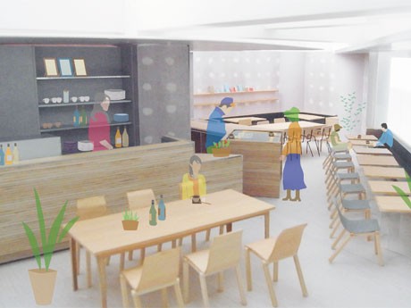 カフェ空間（手前）とFAB空間（イベント空間、奥）を設ける店内。中央にレーザーカッターを置く（写真はイメージ）