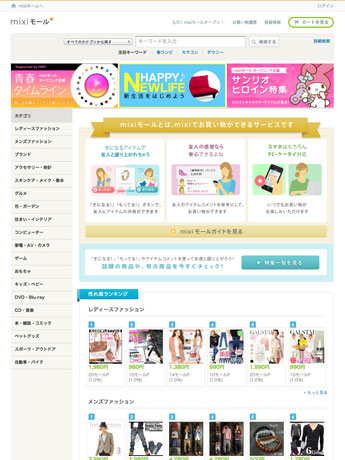 オープン時は約1500店舗が参加し約350万点の商品をラインアップする（写真＝mixiモールトップページ）