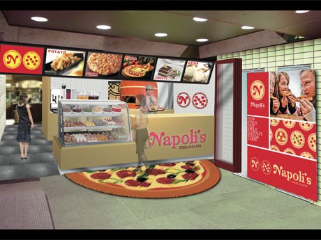 赤地に黄色の文字の店舗ロゴなどをあしらう店舗内観イメージ