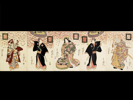 役者5人を演目「助六」の登場人物として配した「江戸花二人助六」（三代目歌川豊国、1816年ごろ）