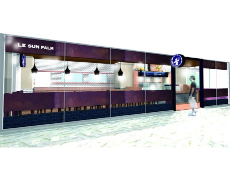 白やブルーのタイル、木材、銅などの金属を組み合わせたデザインに仕上げる店舗イメージ