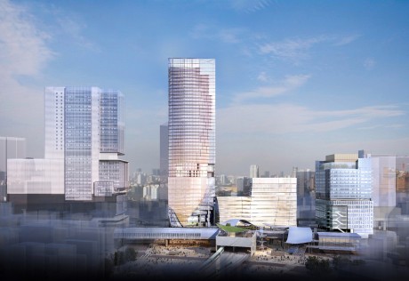 計画建物イメージ（原宿方面より）左から渋谷ヒカリエ、駅街区の東棟・中央棟・西棟、道玄坂街区