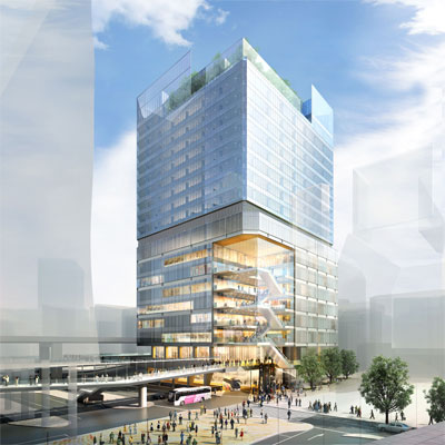 渋谷駅西口交通広場から見た「東急プラザ渋谷」跡に建設予定のビルのイメージ