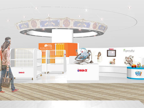 什器の角は丸くしベビーカーが通れるよう広いスペースを確保する店内イメージ