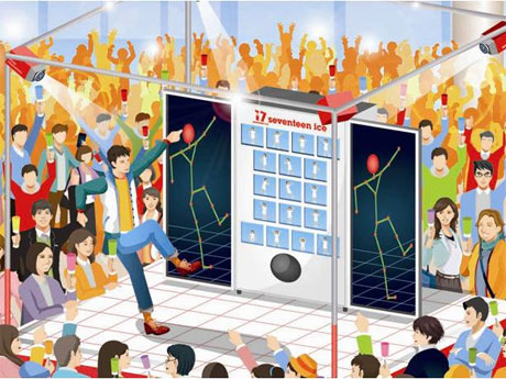 アイドル・武藤彩未さんの映像に合わせて踊ることができる自動販売機のイメージ