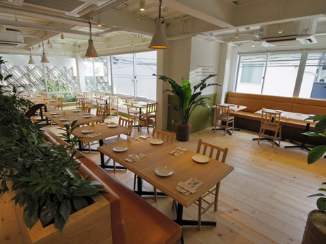 ハワイ本店と同じよう木目を基調に緑を取り入れた店内