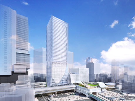 宮益坂交差点方面から望む全体の完成。中央の高層ビルが東棟で左が渋谷ヒカリエ