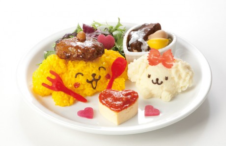 プレートセットより。照り焼きハンバーグと黄色に着色したご飯で「ポムポムプリン」を、マッシュポテトで「マカロン」を表現した