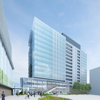 2階エントランス前から新庁舎を見上げるイメージ。左手が新公会堂の裏手