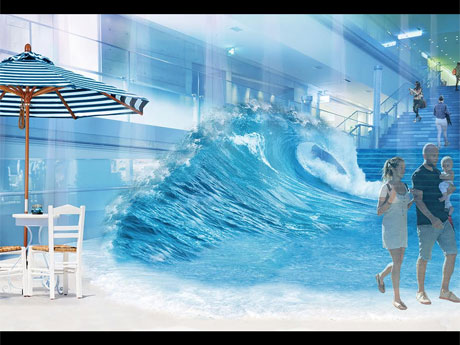 波のオブジェなどを設置する吹き抜け大階段のイメージ