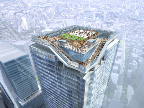 渋谷ヒカリエ（写真左手）より高い約230メートルに位置する屋外展望施設のイメージ