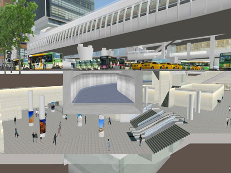 渋谷川の下に地下広場を作る東口地下の整備イメージ。「渋谷駅街区土地区画整理事業共同施行者」提供