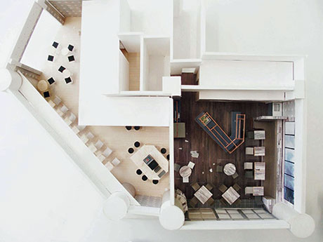 新しい「FabCafe」のイメージ模型。左からカフェカウンター・Fabエリア・キッチン＆イベントスペース