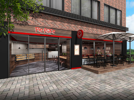 ブランドカラーの赤と木目を基調にする店舗外観イメージ