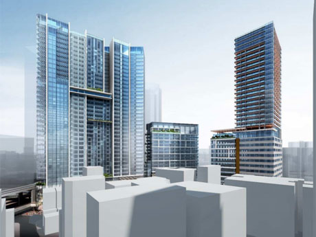 渋谷区文化総合センター大和田からのぞむ完成イメージ。左からA-1棟、A-2棟、B棟