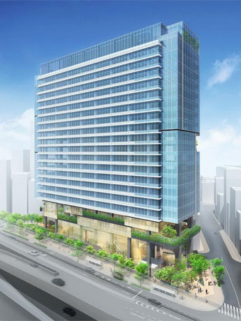 首都高速3号渋谷線側からのぞむ新築ビルの外観イメージ