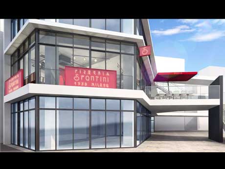 赤いサインが目を引く店舗外観イメージ