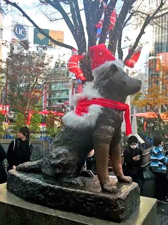 サンタ帽子などでクリスマス仕様になっているハチ公像