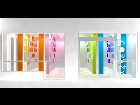 「図書館」をコンセプトに本棚のような4色の什器を設置する店舗イメージ